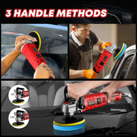 Man using 1600W Car Polisher With 7 Inch And 6 Inch Heads Variable Speed Polishing Machine for detailing a car surface.