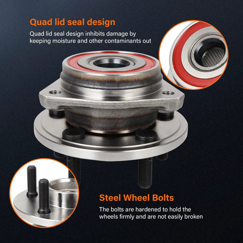 Front Wheel Bearing And Hub Assembly 513158 Kit 5 Lug Without ABS close-up view showing steel bolts and quad lid seal design.
