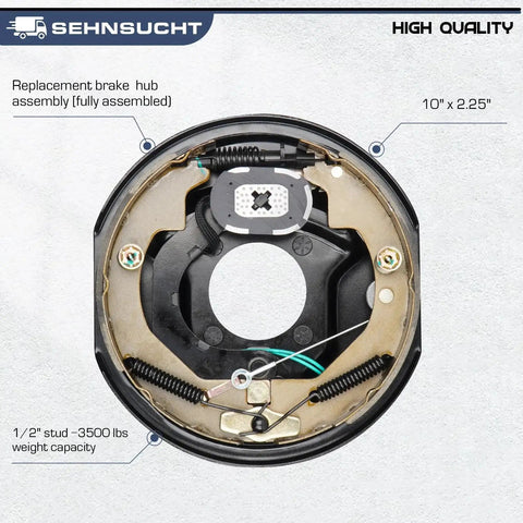 Trailer Axle Electric Brake Kit For 3500 Pound Axles Pair Of Five Hole Four And A Half Inch Bolt Circle Ten Inch By Two And A Quarter Inch Self Adjusting Electric Brakes Heavy Duty Replacement Ten Inch Brake Hub Drum Assembly front view