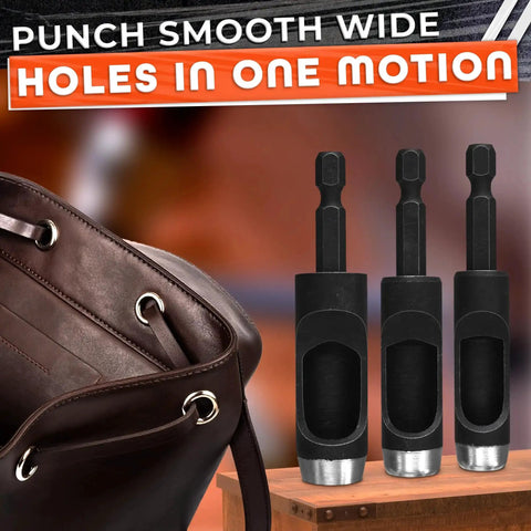 Leather punch kit with three carbon steel punches next to a brown leather bag. Text: 'Punch Smooth Wide Holes in One Motion.'