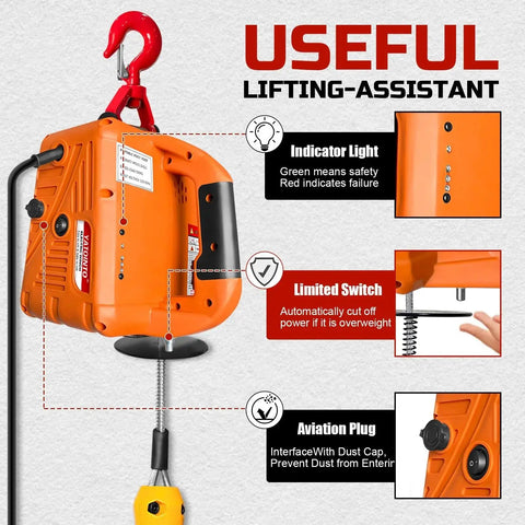 3 In 1 Portable Winch 1100 Lbs 1500W With Manual Wireless And Wired Remote, orange unit with safety features labeled