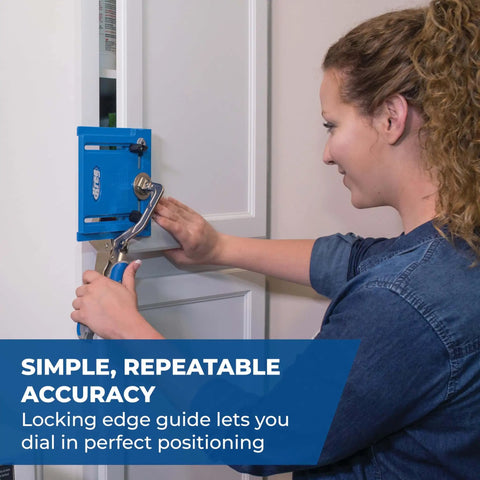 Person using Portable Cabinet Hardware Jig With Edge Guide For Knobs And Small Pulls, Boss Level Accuracy For Straight Hole Drilling Without A Drill Press on cabinet.