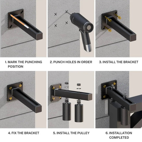 Installation steps for Adjustable 3 Inch Slide Gate Guide Roller System with rust-proof T-shaped bracket and nylon rollers.