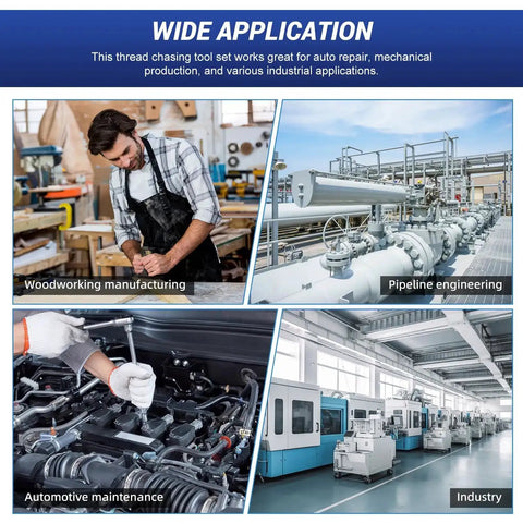 Collage showing uses of 61 Piece Thread Repair Kit For Auto Mechanics And DIYers with taps, dies, including automotive and industrial applications.