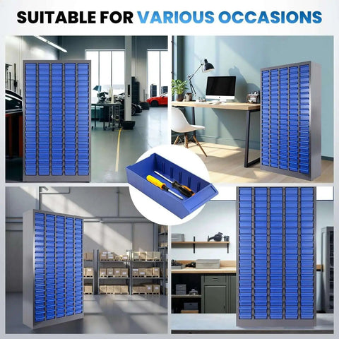 100 Drawer Parts Cabinet For Tools And Hardware Organization With Alloy Steel Frame and ABS Drawers in various settings
