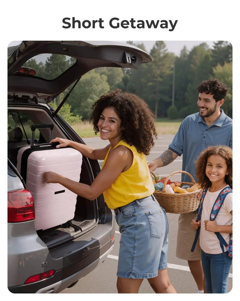 Family packing luggage into car for a short getaway, featuring lightweight 20 inch carry on luggage with spinner wheels for 3 to 5 day trips.