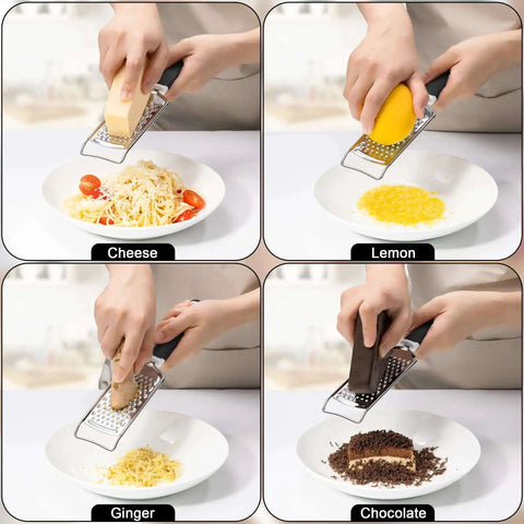 Stainless Steel Handheld Cheese Grater With Soft Grip Handle And Zester used for grating cheese, lemon, ginger, and chocolate in the kitchen.