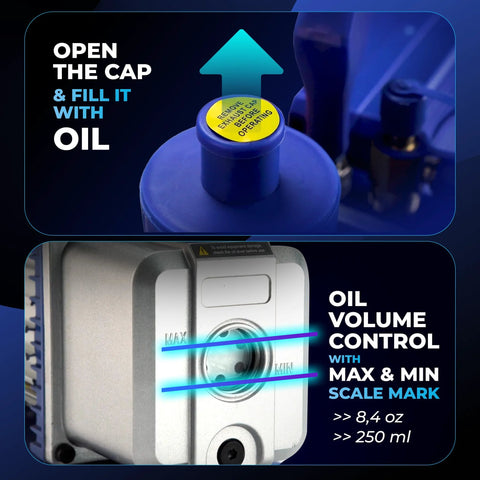 Hiatsu 7 CFM vacuum pump for automotive AC, with oil fill cap and oil volume control gauge showing max/min marks