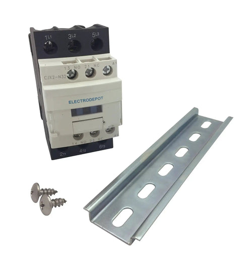 30 Amp 3 Pole Contactor Bundle With 110 To 120V Coil, Handles Motor Load 32A And Lighting 40A, Includes Slotted Steel Zinc Plated DIN Rail