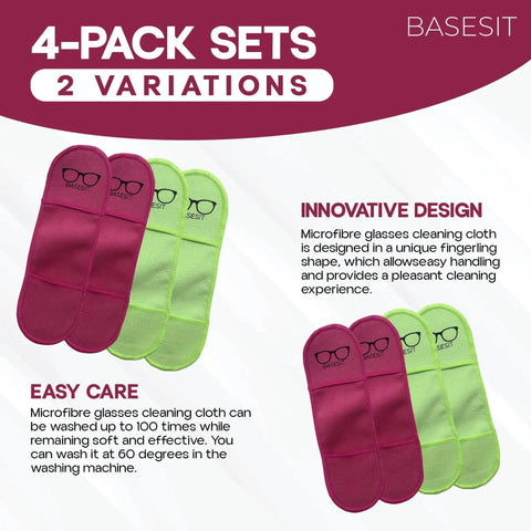 Four Pack Microfiber Eyeglass Cleaning Cloths Rose And Green Clean Lenses in easy care and innovative design packaging