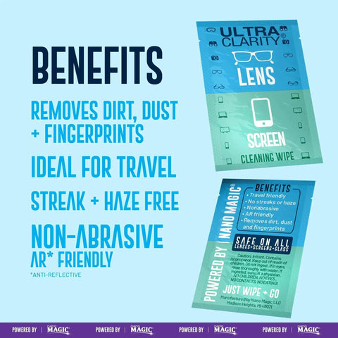 Premoistened Lens Cleaning Wipes for Glasses and Screens Optical 210 Pack benefits list, including travel-friendly, non-abrasive features.