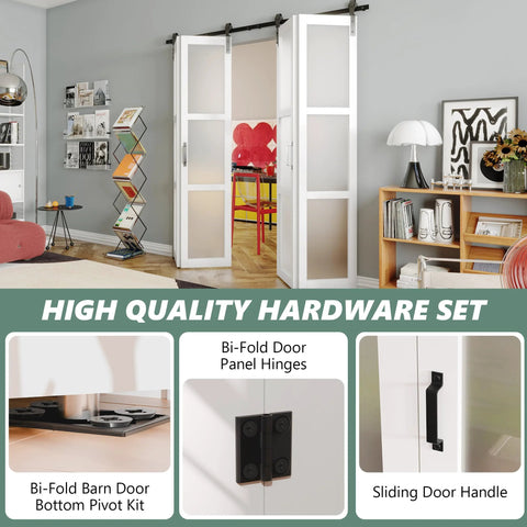 Space Saving Bifold Barn Door Kit With Sliding Hardware For Closet, White MDF Frame, shown installed in living room.