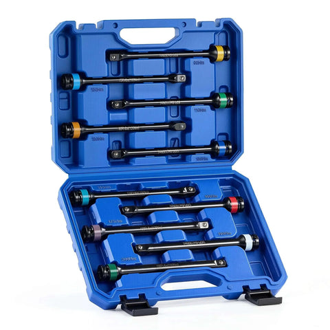 Open case displaying 1/2 Inch Drive Torque Limiting Extension Bar, 150 ft-lb, Black, Chromoly Steel set in a blue organizer.