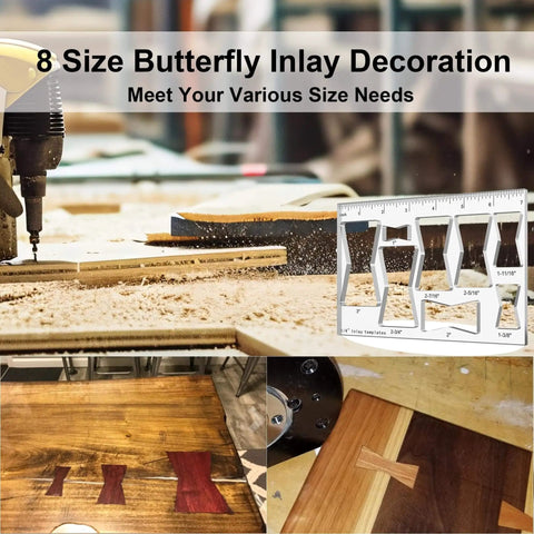 Eight In One Router Template Kit For Woodworking With Bowtie And Butterfly Inlay Jigs, One Quarter Inch Thick Clear Acrylic Router Template Jig, Includes Eight Size Bow Tie Inlay Templates For Precise DIY Friendly Decorative Marquetry shown in use for wooden surface decoration.