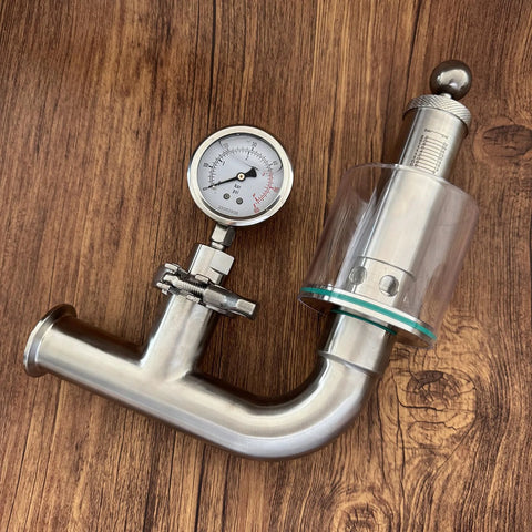 Geife 1.5 in tri-clamp spunding valve, SS304 stainless steel body with pressure gauge.