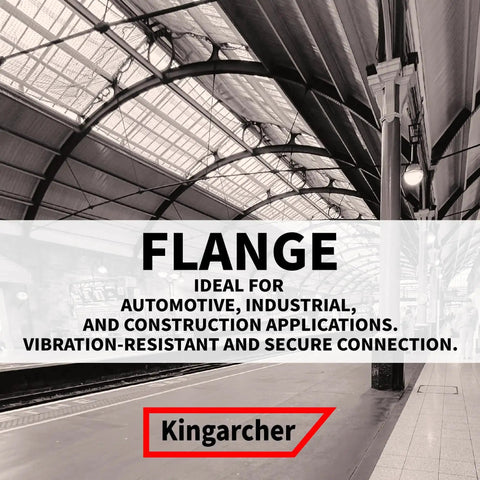 Train station platform with roof structure, highlighted advertisement about flange use for automotive and industrial applications.