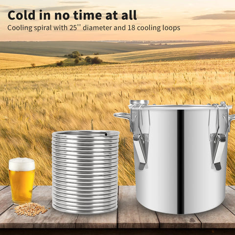 Wort chiller coil, stainless steel 3/8 in x 50 ft, beside a brewing kettle on a table with beer glass and barley.