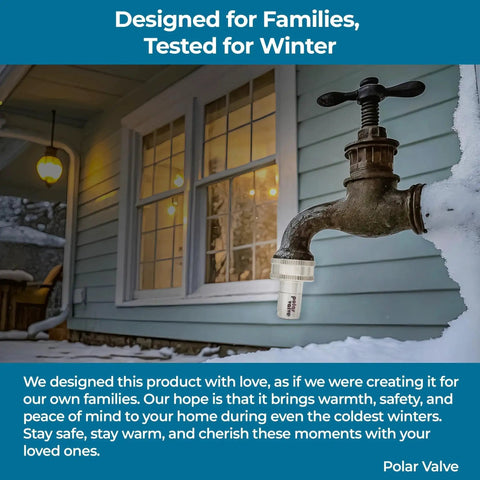 Smart Freeze Protection For Outdoor Faucets With Auto Temperature Control Twin Straight Type Unit Stainless Steel And Nitinol Build Tool Free Installation Winter Ready Water Saving Solution That Stays Flowing When Temps Drop By Polar Valve installed on outdoor faucet in winter setting.
