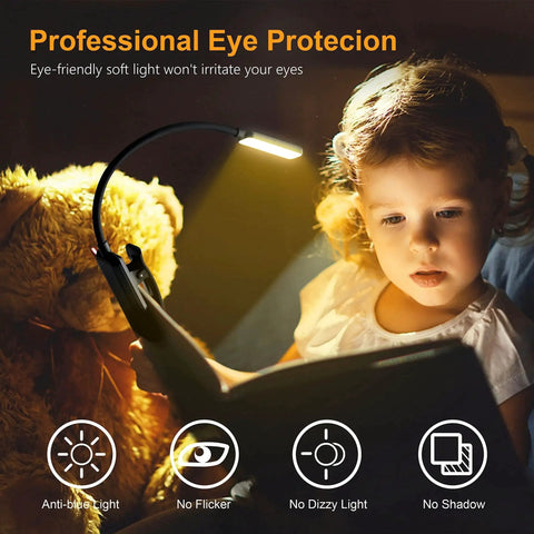 Rechargeable Clip On Book Light With 9 LEDs 3 Color Modes Stepless Dimming 80Hrs illuminating a child's bedtime reading.
