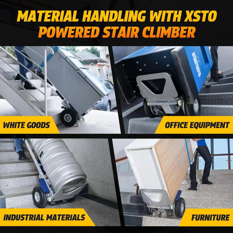 Electric stair climber hand truck in blue and gray with brake; used to move heavy loads up stairs.