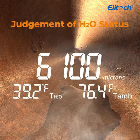 Elitech VGW-Mini wireless digital vacuum gauge display reading 6500 microns; TH2O 39.2°F, ambient 76.4°F; Elitech logo visible