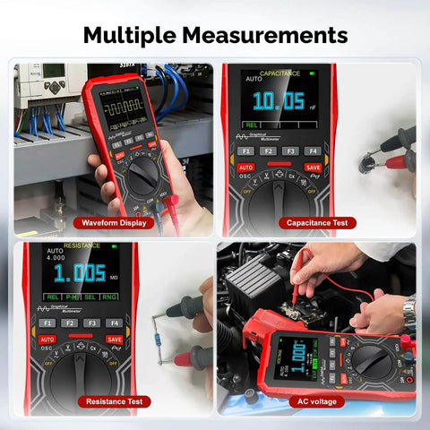 2 In 1 Handheld Oscilloscope And Multimeter Combo For Electronics DIY showing multiple measurement tests, 2.4 inch display