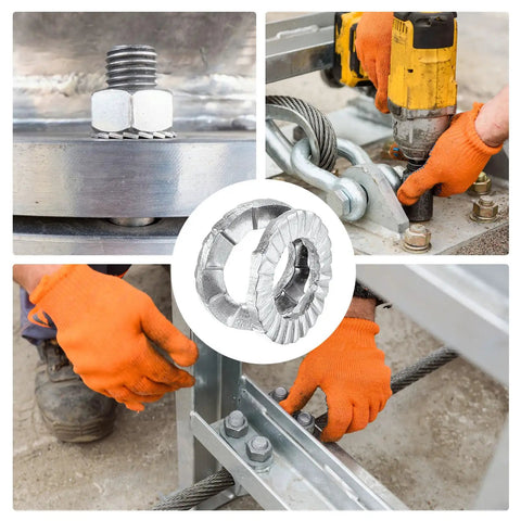 M5 wedge-locking washers, manganese steel, 20 pcs; collage shows washers close-up and bolts installed on metal frame.