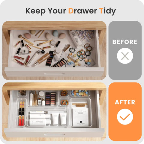 Military Grade Clear Drawer Organizer Set 28 Pcs 5 Sizes Holds 177 Items For Bathroom Vanity Desk Office Junk Drawer Pantry Storage By A LuGei, organized drawer comparison.
