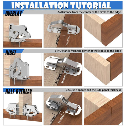 Installation guide showing 24 Pack Hidden Hinges Soft Close Surface Mount Concealed Cabinet Hinges For Frameless Kitchen Cabinets No Pre Drill Holes Easy Install For Cabinet Doors Durable Steel Construction Great For Modern Cupboards in overlay, inset, and half overlay positions.