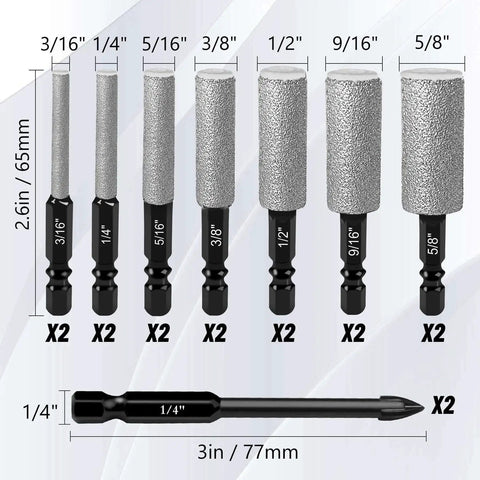 Diamond Drill Bit Set For Glass Tile And Stone Sixteen Piece With Nine Sixteenth And Five Eighth Inch Wide Pro Diamond Bits