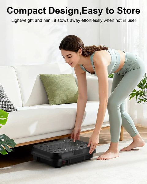 Woman storing Total Body Vibration Plate For Kickstart Fat Burn And Lymphatic Drainage Home Gym Workout With 250 Speed Levels under sofa