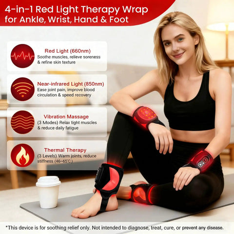 Woman using Cordless Red Light Therapy Ankle Massager Wrap With 660nm Red And 850nm Infrared Lights, Vibration And Heat for pain relief.