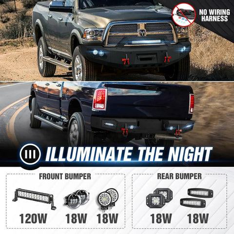 Truck with Ram 2500 3500 Front And Rear Bumpers With Winch Plate And LED Lights D Rings on road