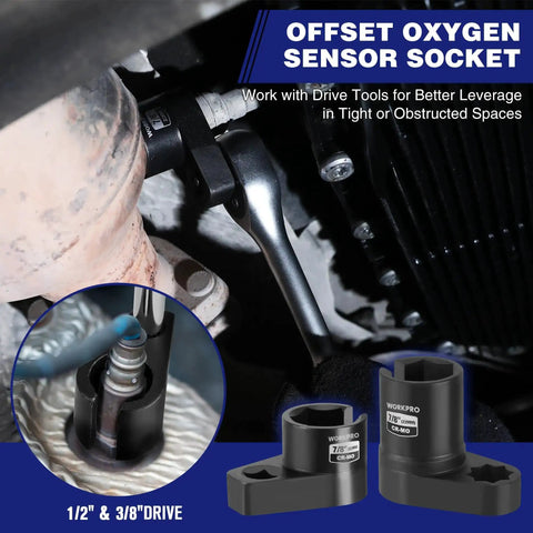 Offset oxygen sensor socket in use with 1/2 and 3/8 inch drive tools, featuring 6 Piece O2 Oxygen Sensor Socket Set.