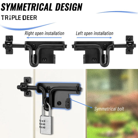 Beefy Heavy Duty Sliding Bolt Gate Latch For Wooden Fence Yard Fence Shed Door Barn Door with padlock installed view.