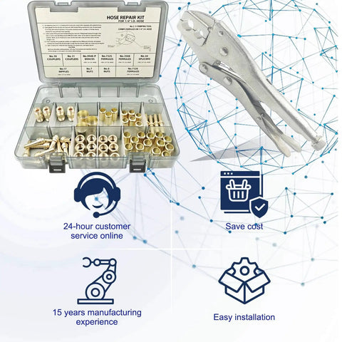 58 Piece Hose Repair Kit For 1/4 Inch I.D. Hoses With Crimp Tool And Fittings, includes case and tools for quick repairs.