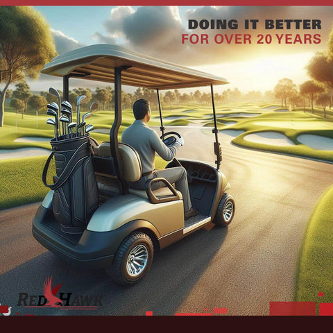 Golf cart with golf bag on a scenic golf course, branded with Red Hawk, text reads 'Doing It Better For Over 20 Years'.