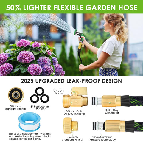 FlexiSolve 100 ft garden hose in use watering purple hydrangeas; brass fittings and adjustable 10-pattern spray nozzle visible