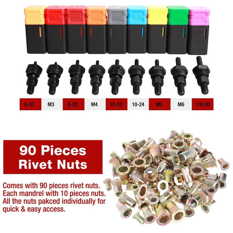 90 rivnuts and 9 mandrels for 8 Inch Rivet Nut Tool Kit With 9 Metric And SAE Mandrels, 90 Rivnuts, One Hand Operation Built For Tight Spots, Heavy Duty Rivnut Tool Set In Sturdy Case For Automotive And DIY Projects.