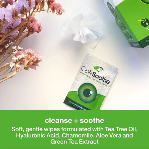 Preservative-Free Eyelid Wipes for Daily Hygiene with Tea Tree Oil Hyaluronic next to a box with floral decoration