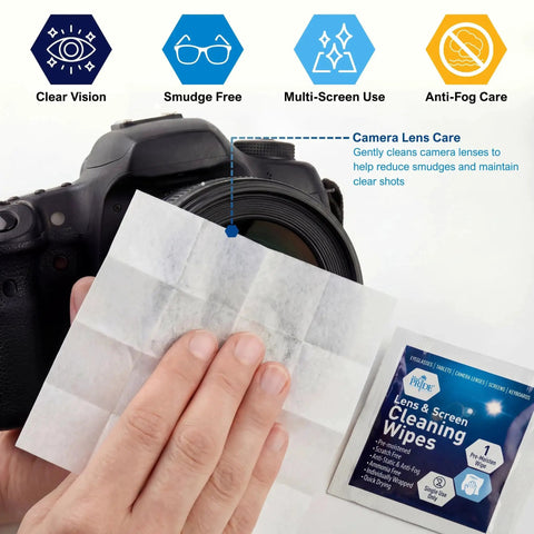 Using Anti Fog Lens And Screen Cleaning Wipes For Eyeglasses And Devices Premoistened on a camera lens with packaging in view.