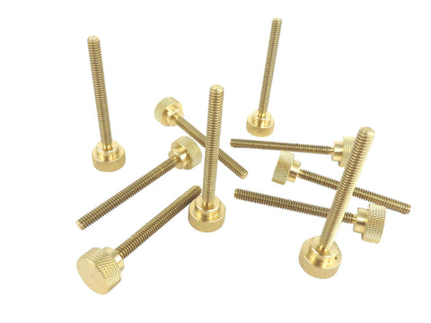 Ten Pack 1/4-20 By 2-1/2 Inch Solid Brass Diamond Knurled Thumb Screws With Straight Shoulders And Flat Tips displayed on a white surface.