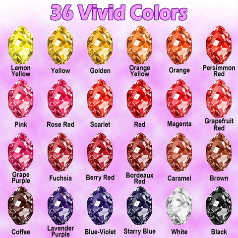 36 vivid colors of epoxy resin pigment gems including yellow, red, purple, blue, white, and black on a light background.