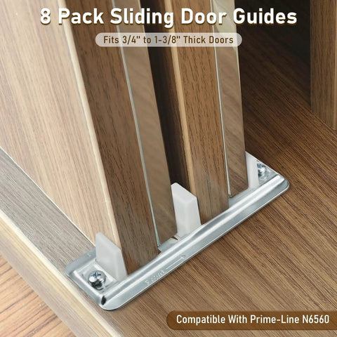Eight sliding door guides installed on track, fits doors 3/4" to 1-3/8" thick, providing support with Prime-Line N6560 compatibility.