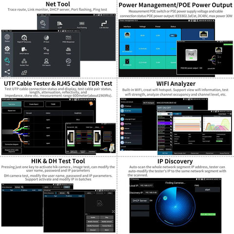Screen showing network tools and features like Net Tool, Power Management, UTP Cable Tester, WiFi Analyzer, and IP Discovery.