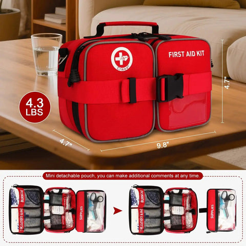 516 Piece First Aid Kit for Car Travel and Home With Waterproof Case and Labeled Compartments Molle Shoulder Strap on table
