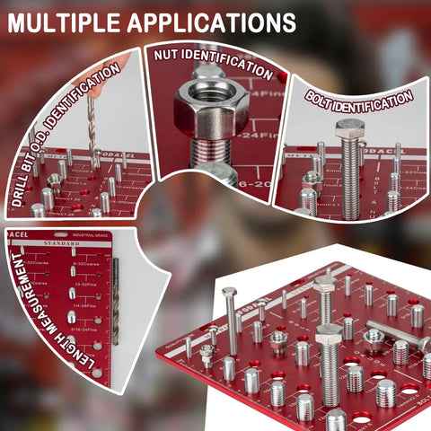 28 Thread Checker Tool For Nuts And Bolts Screw Identifier With 14 Metric And 14 Standard Sizes Rugged Square Design For Mechanics And DIY Projects Red showing multiple applications for nut, bolt, and drill bit identification.