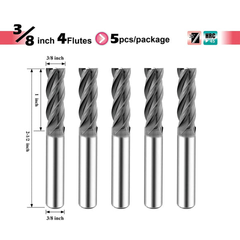 Micrograin Carbide Square End Mill Set By Speed Tiger With Four Flute Bits 3/8 Inch 5 Pieces 4T AlTiBN Coated