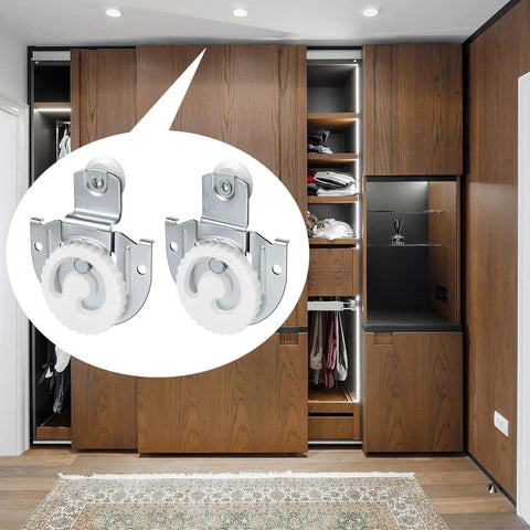 Sliding Closet Door Hardware Set 4 Pack Includes All Necessary Rollers Knobs Screws And Adjustable Hooks For Two Wood Doors Durable Galvanized Steel Construction With Round Recess Finger Pulls And Dual Floor Guide For Smooth Operation visible in closet setting