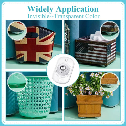 Overview of 24 Pieces Self Adhesive Caster Wheels For Appliances And Cabinets With 360 Degree Swivel, installed on various containers.